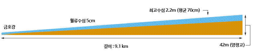 신천 종단면도, 금호강과 연결되어있으며 길이는 9.1㎞이고 월류수심은 5㎝, 최고수심2.2미터,평균 70㎝이고 총높이는 42미터이다. 